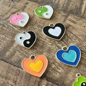 12pc Charm Set - Ying Yang Hearts - Ying Yang Flowers - Flowers - Hearts